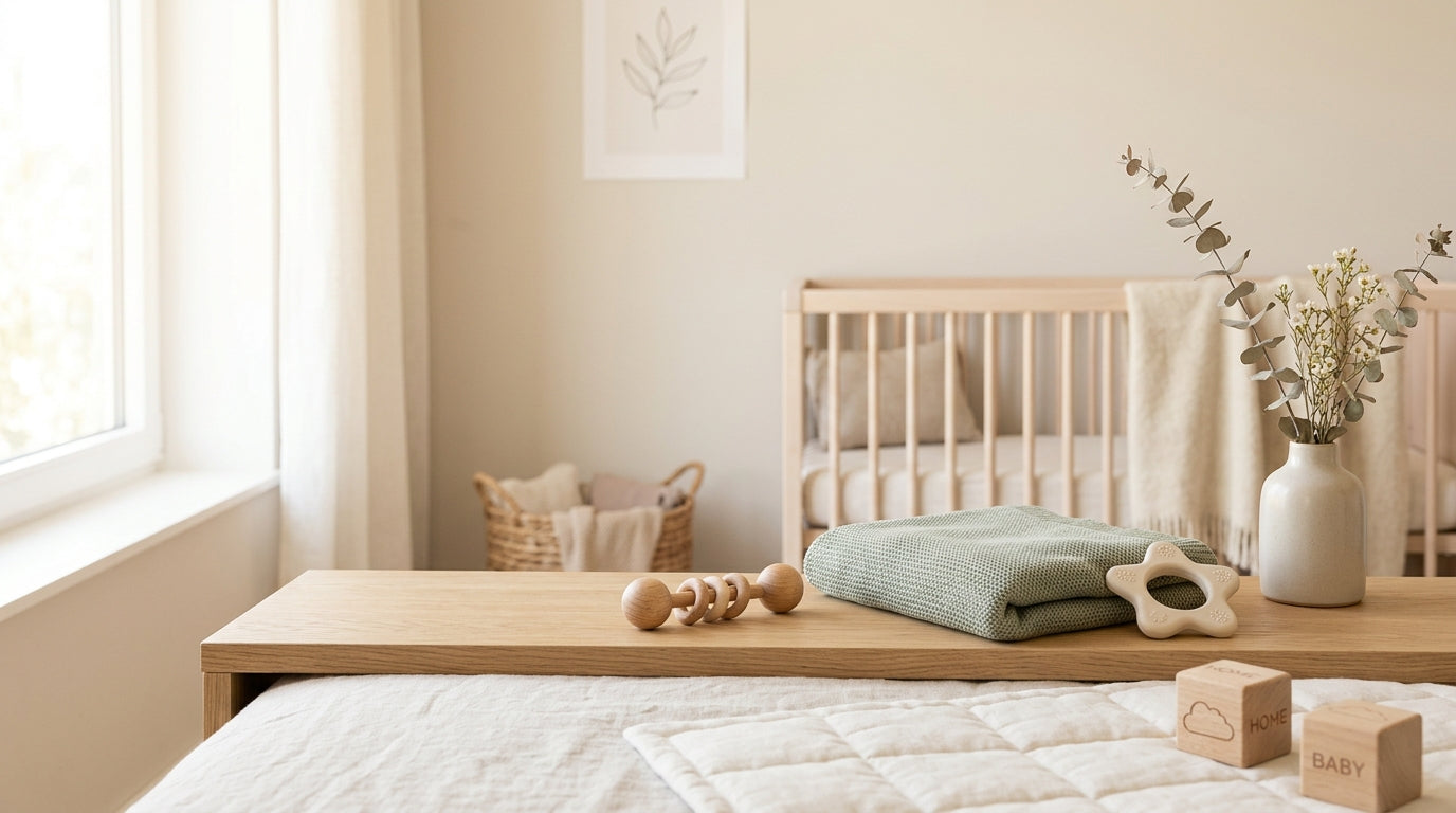A tired mother holding a baby in a simple organic cotton bodysuit