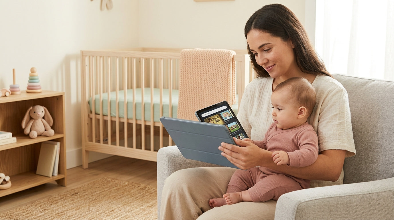 Mom and baby sitting on a colorful leaf pattern blanket away from screens