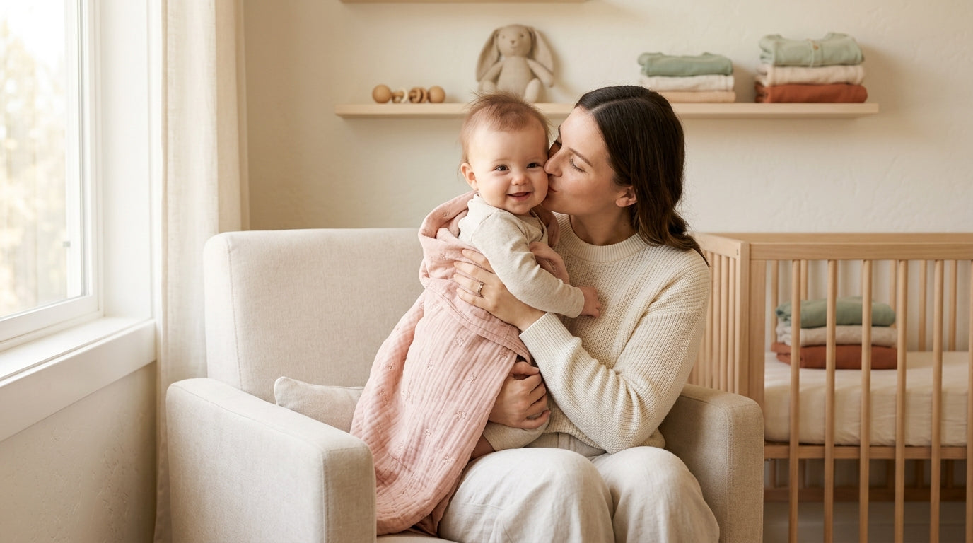 Tired mother holding her newborn baby while looking exhausted on the couch