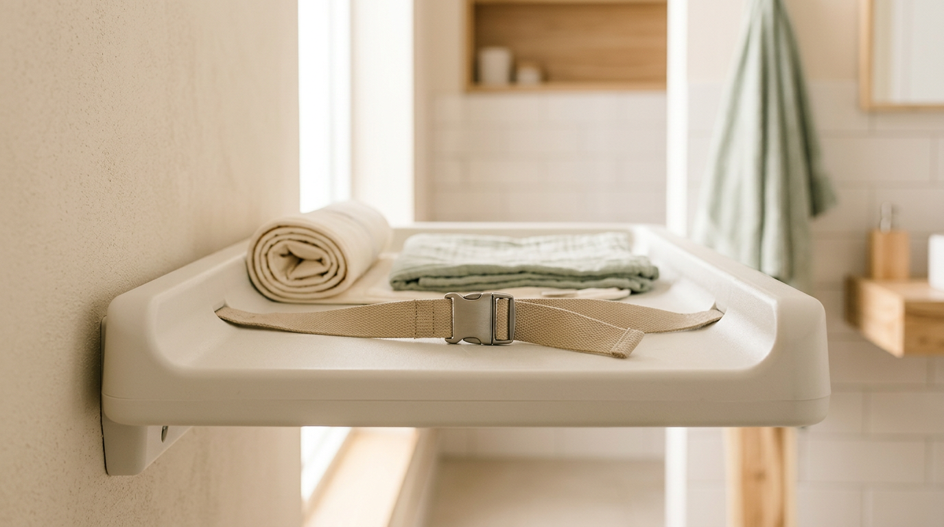 Public restroom baby changing station with safety strap and black buckle visible