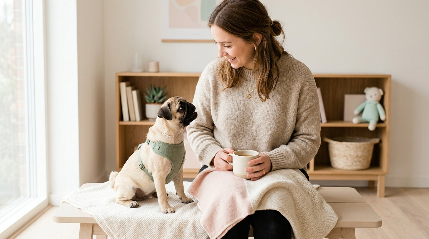 A tiny pug puppy sitting on a rug next to a crawling baby and wooden toys.