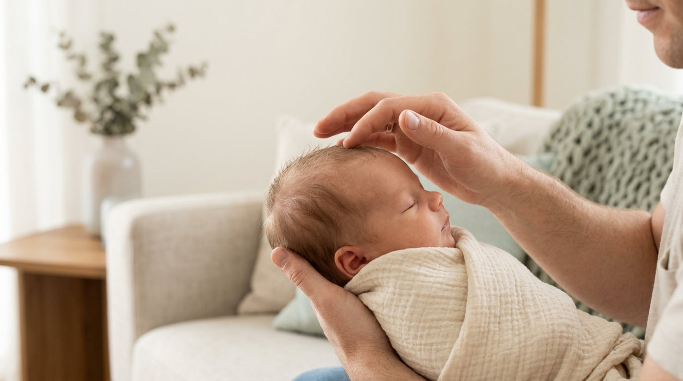 A dad looking nervously at his baby's head while holding a bottle