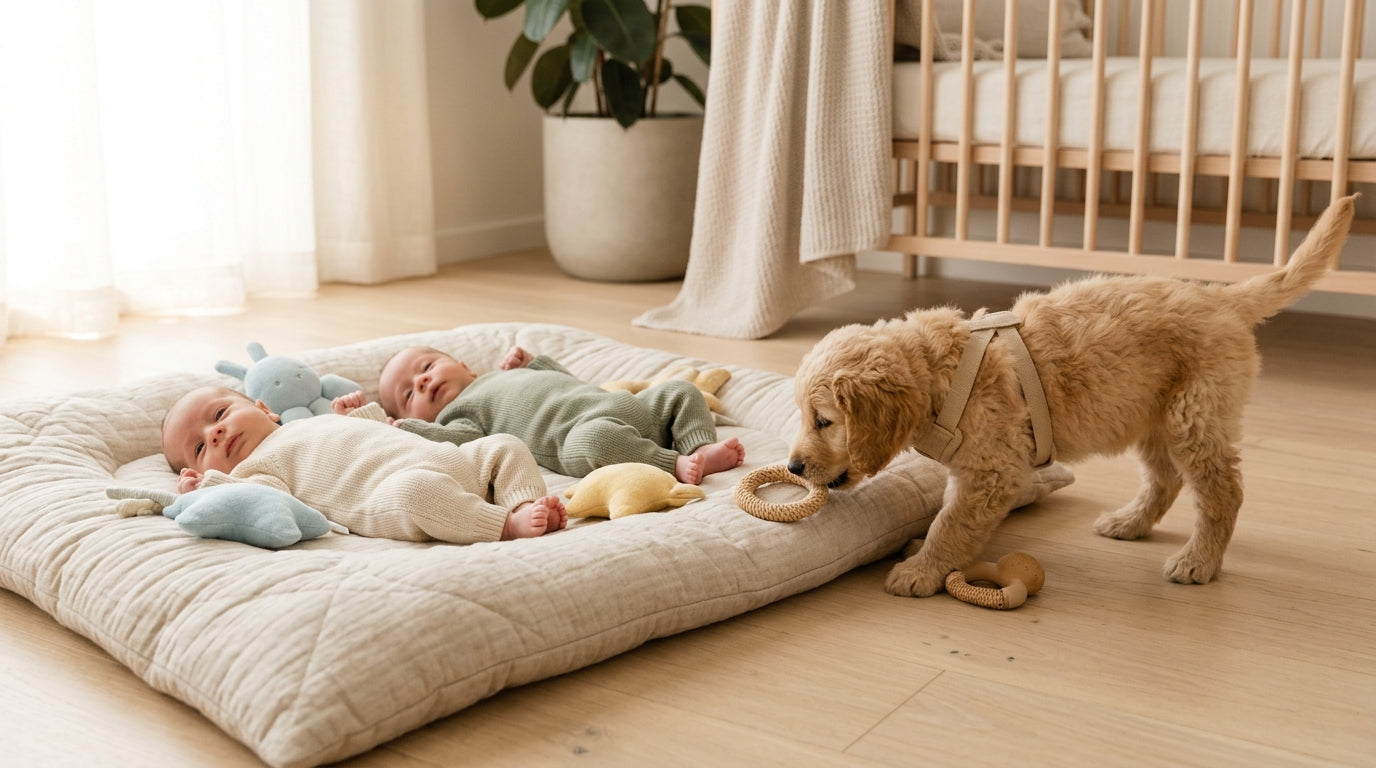 A baby dog looking confused at a Kianao wooden play gym