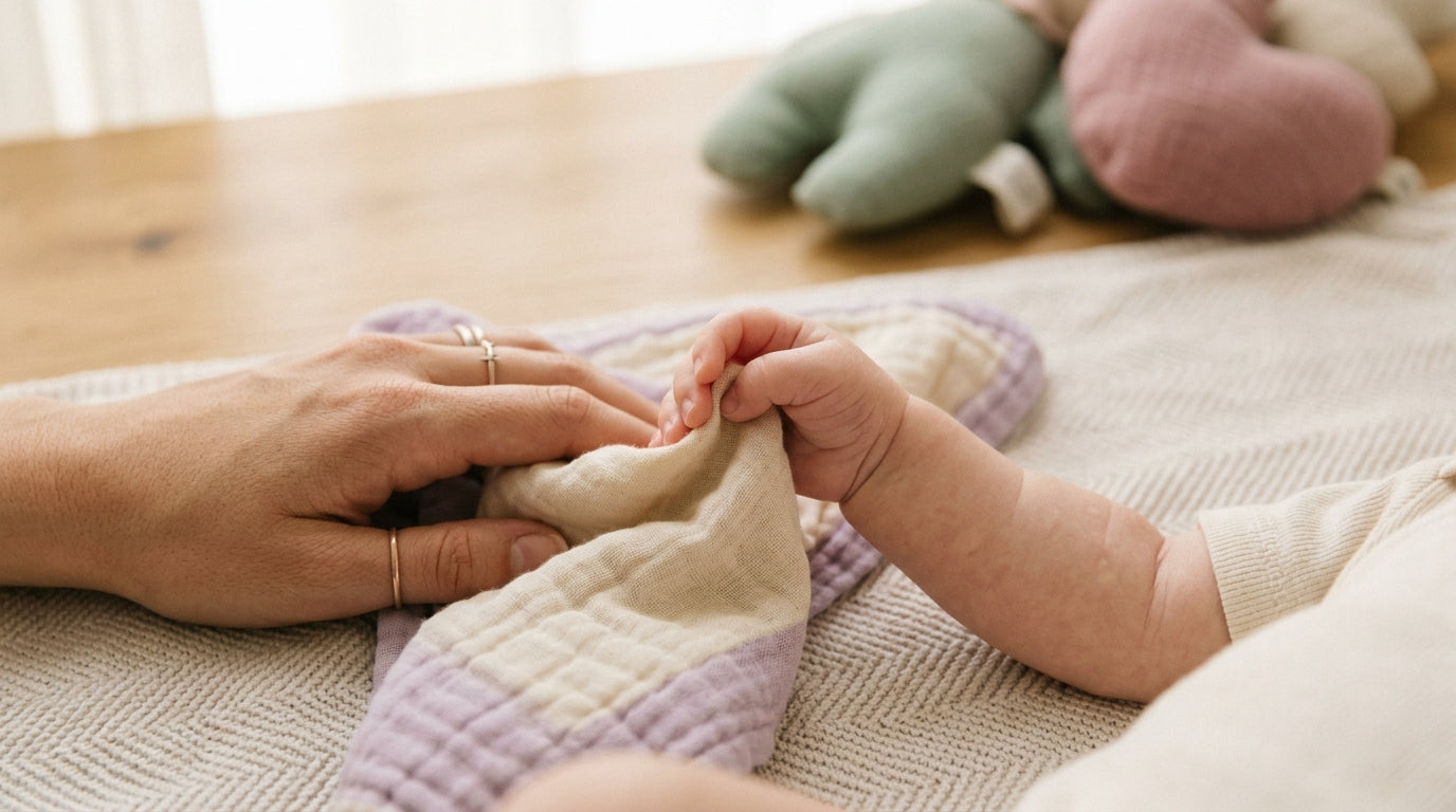 A concerned mom holding a newborn with the classic mottling baby skin pattern.