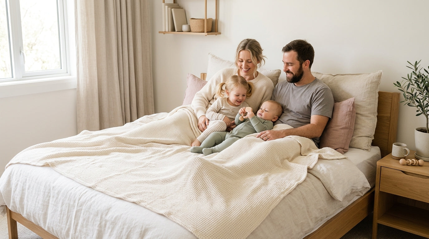 A messy family bed with a large white organic cotton blanket and a half-empty coffee mug