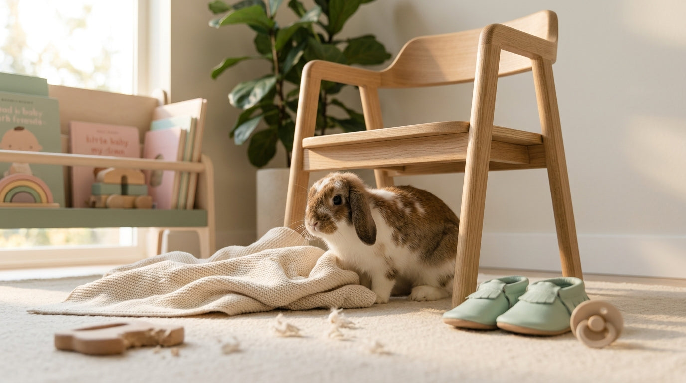 A deeply stained vintage peter rabbit baby shower invitation on a kitchen counter next to a cold mug of tea