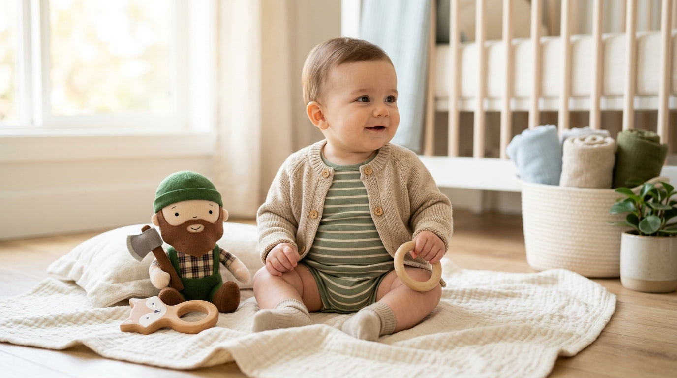 A deeply tired dad holding a baby boy while attempting to make instant coffee