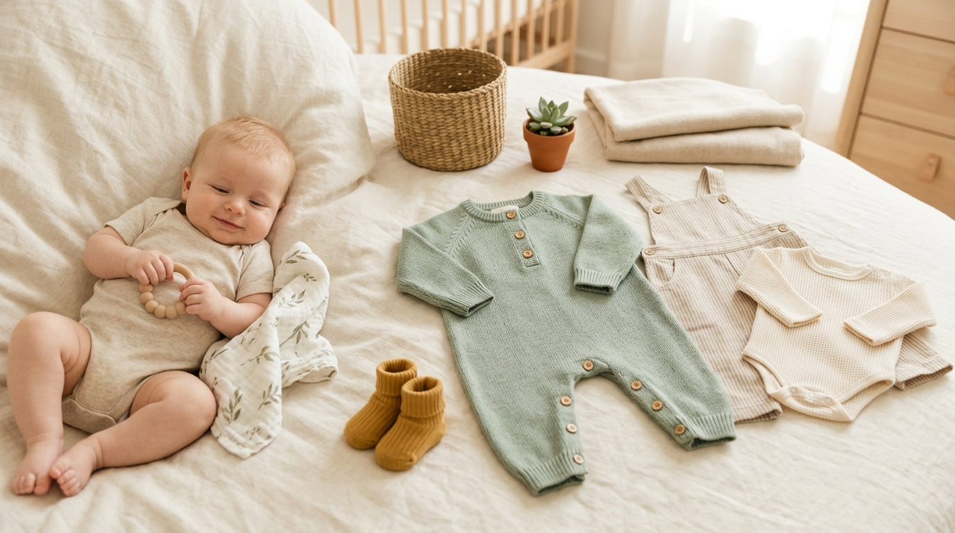 A mom holding her energetic baby boy while trying to fold laundry.
