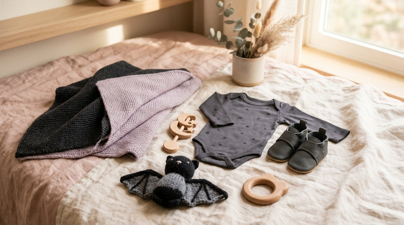 A toddler in a black organic cotton bodysuit playing with a wooden bat toy on a dark rug.