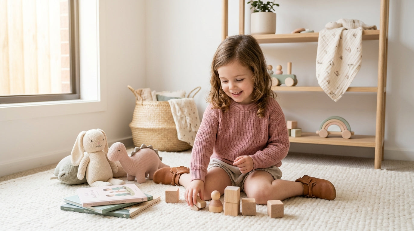 Baby girl in organic cotton bodysuit playing on the living room floor