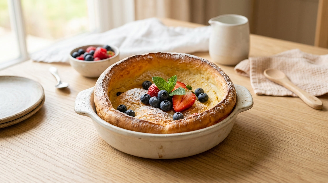 A cast iron skillet with a puffed pancake on a messy kitchen counter
