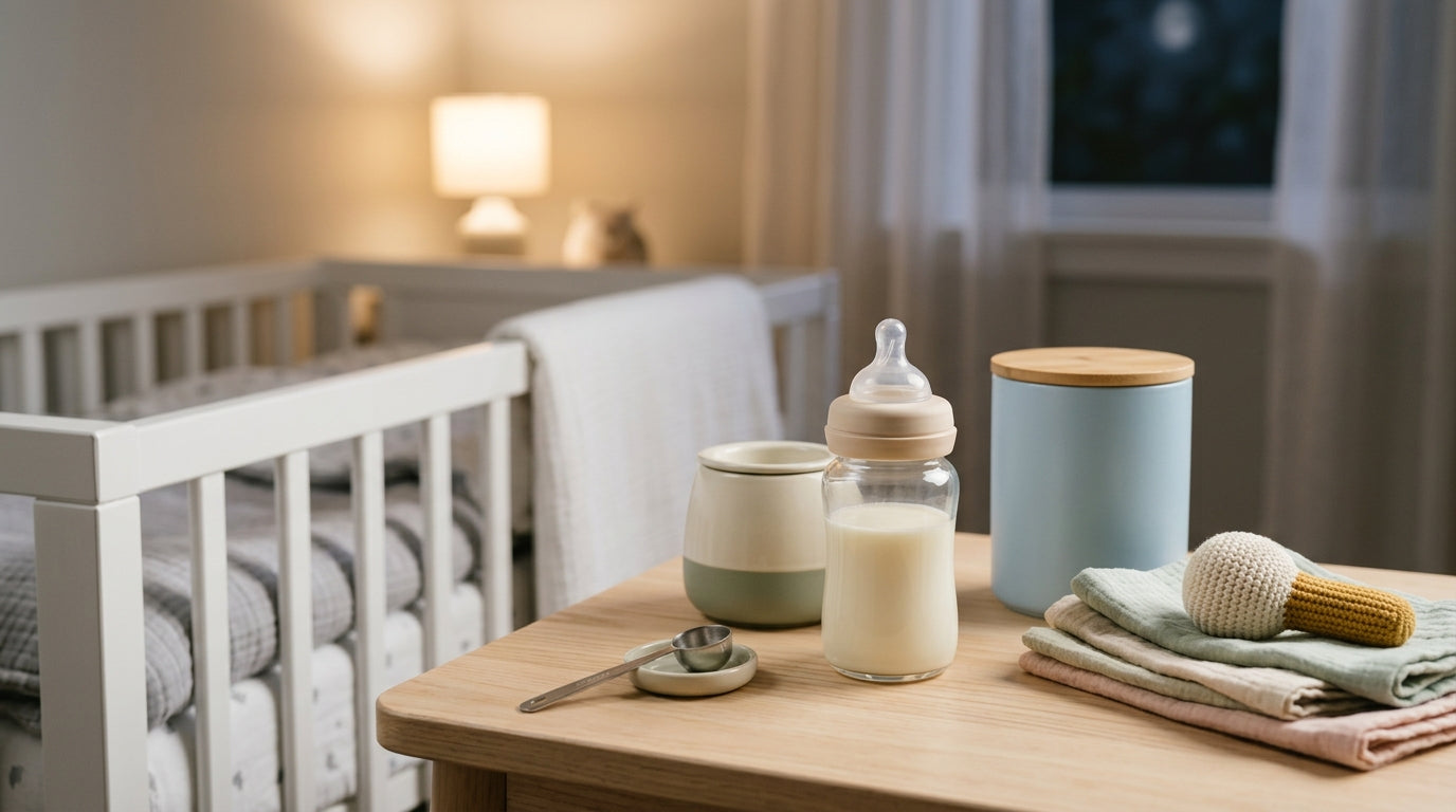 Tired dad in kitchen preparing baby formula for twins at midnight