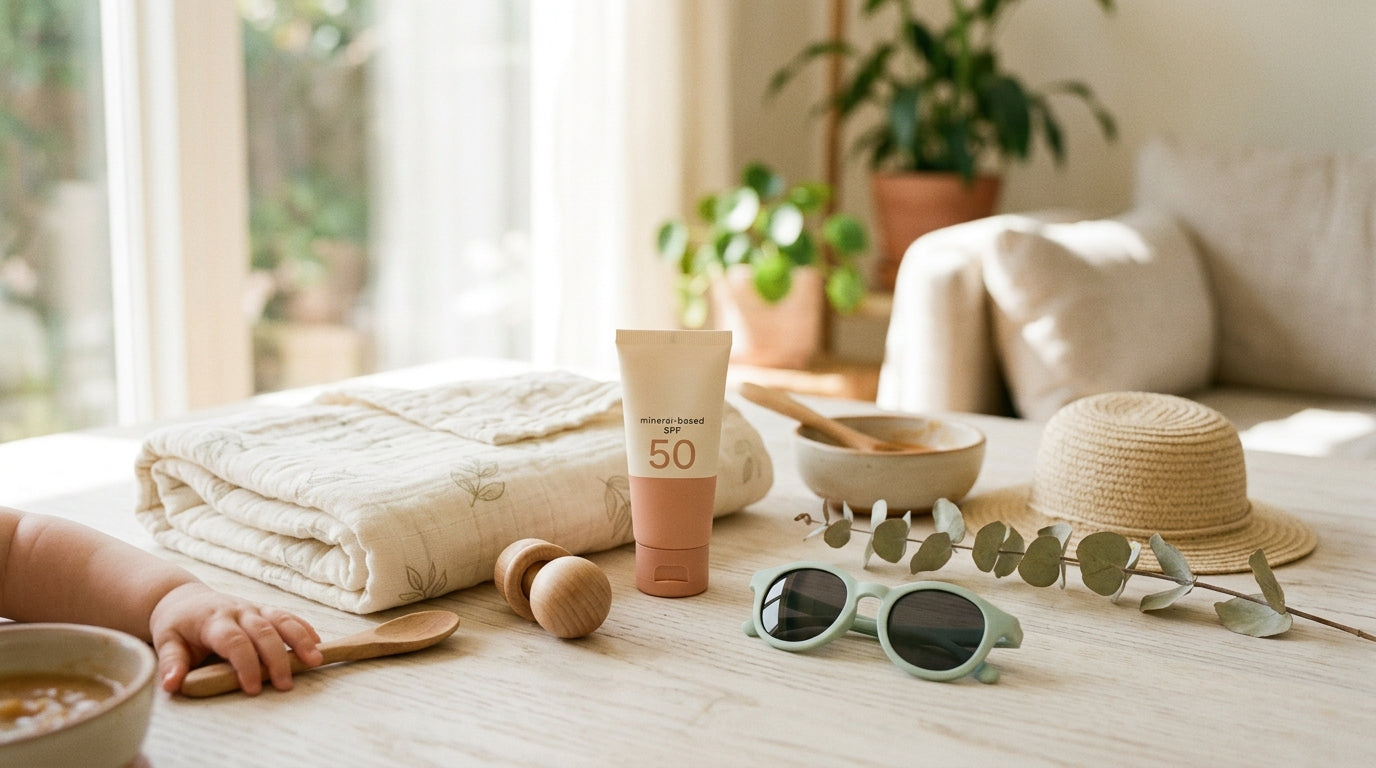 Pale British father covered in zinc oxide chasing two toddlers with sun cream.