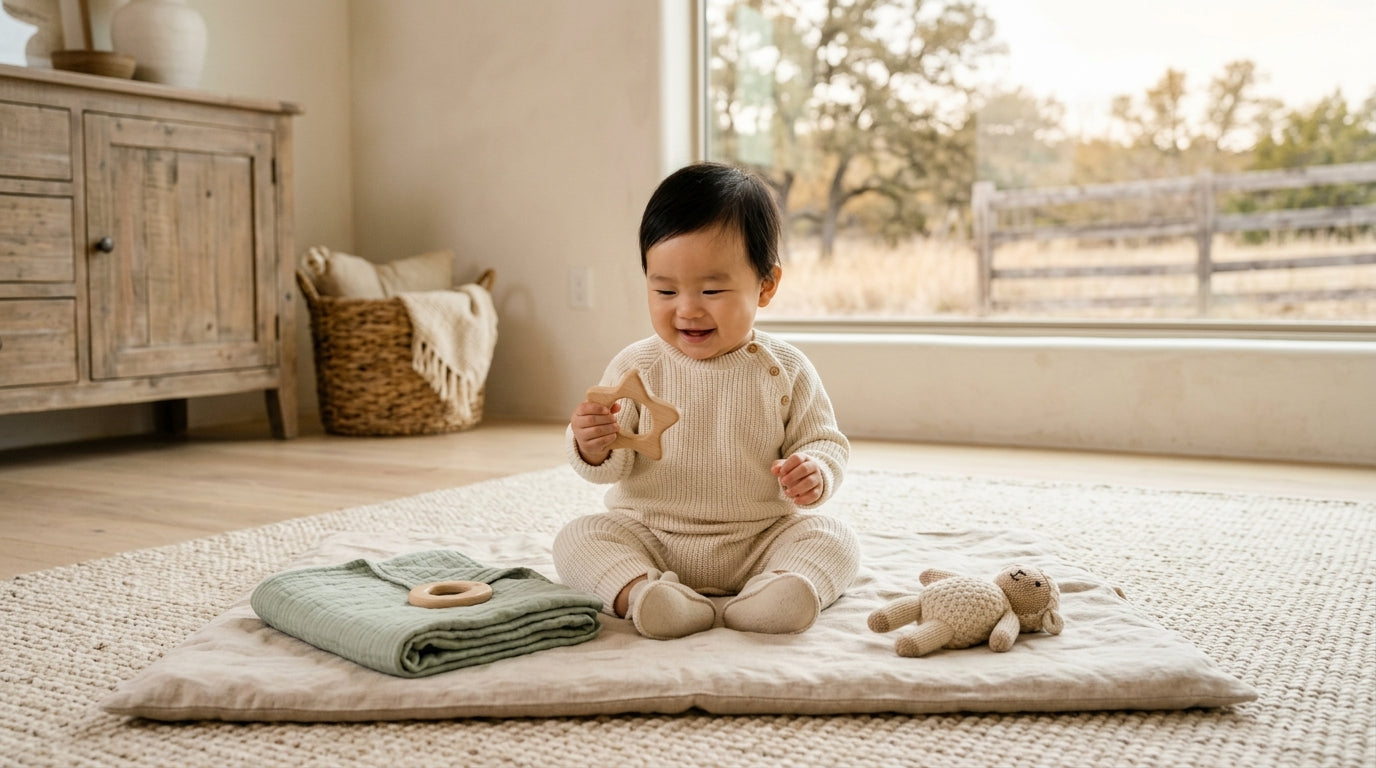 Mom holding her asian baby boy in a rural Texas backyard
