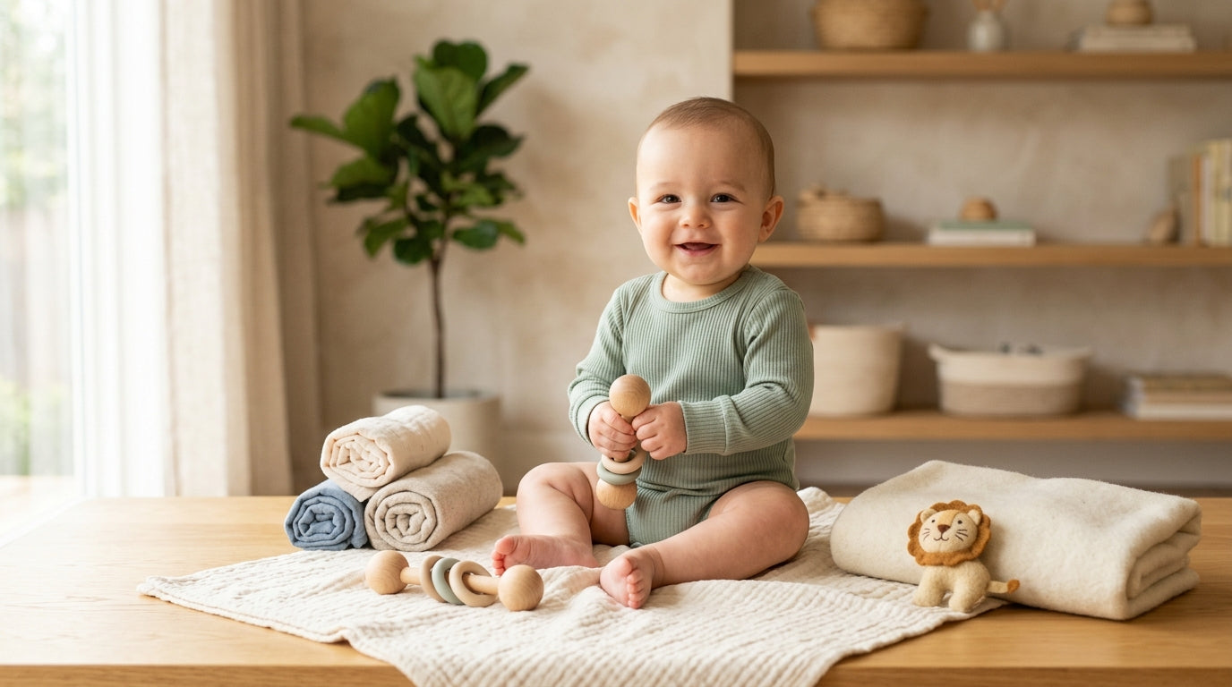 A tired mother holding her baby boy in a dimly lit nursery