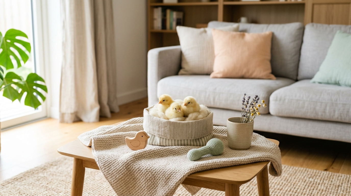 A cardboard brooder box full of baby chicks next to a highly stressed father