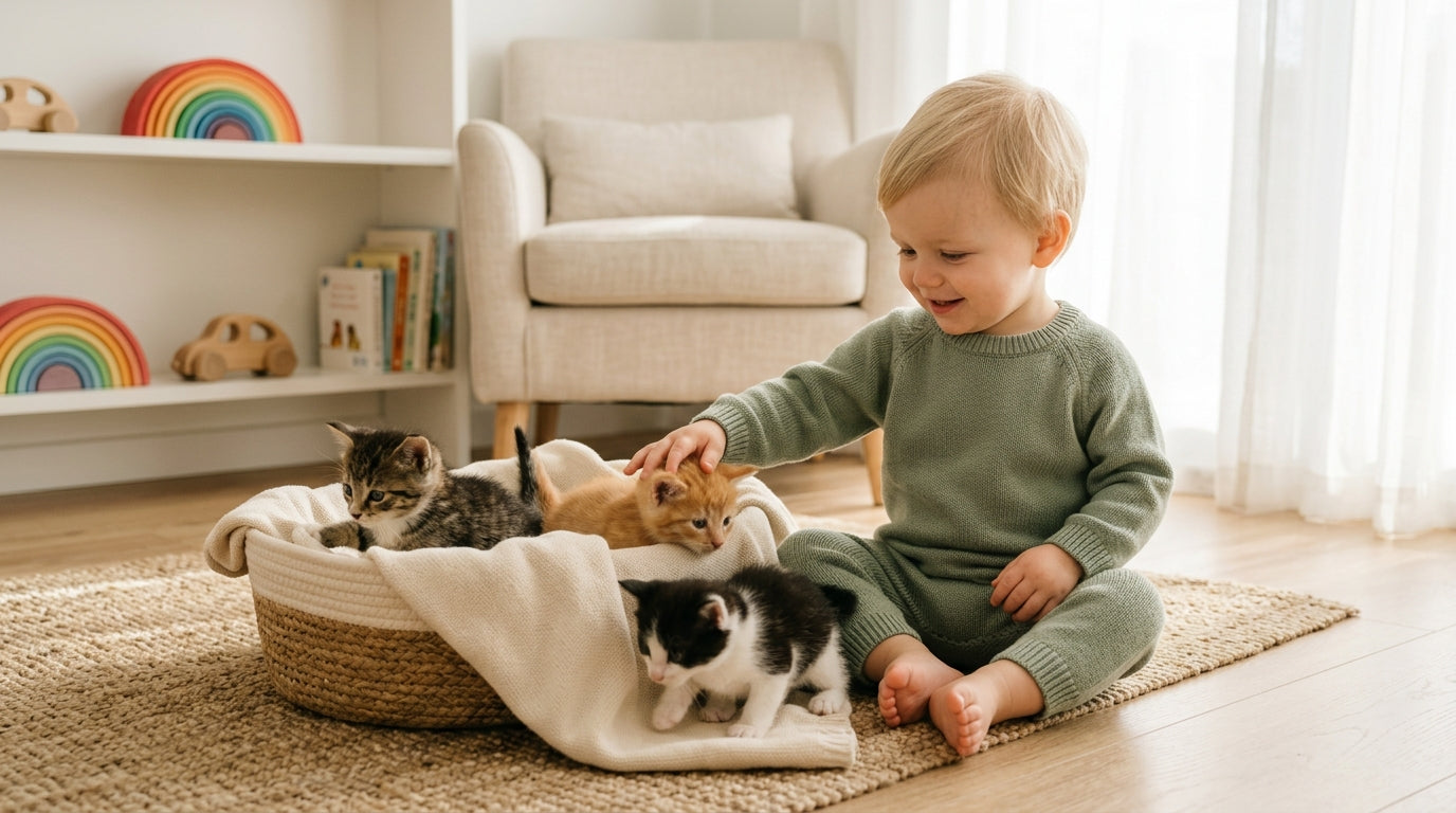 Exhausted mom in a kitchen bottle feeding a tiny newborn kitten