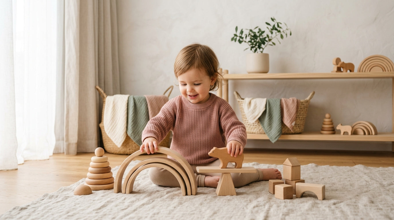 A baby reaching for a wooden play gym in a modern nursery