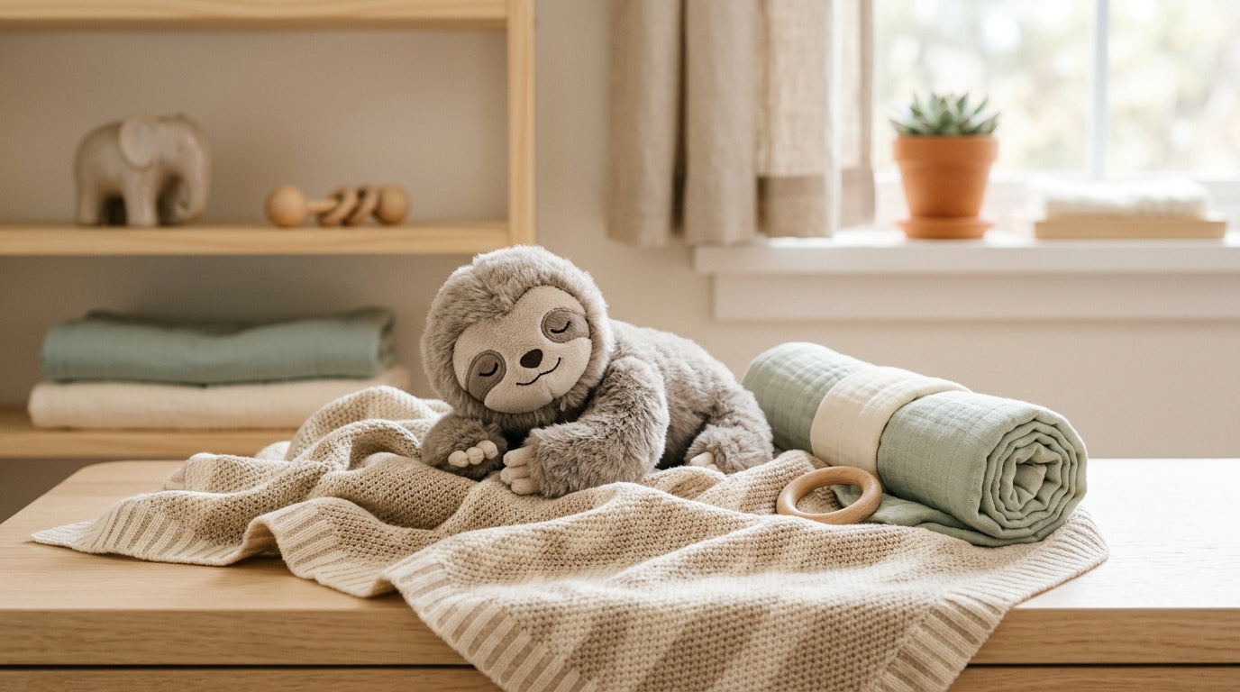 A tired dad holding a clinging baby dressed in an organic cotton bodysuit.