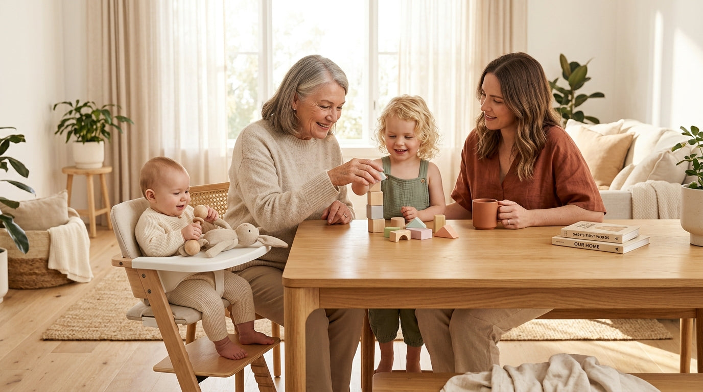 A tired mom holding a crying baby while talking on the phone with a boomer parent