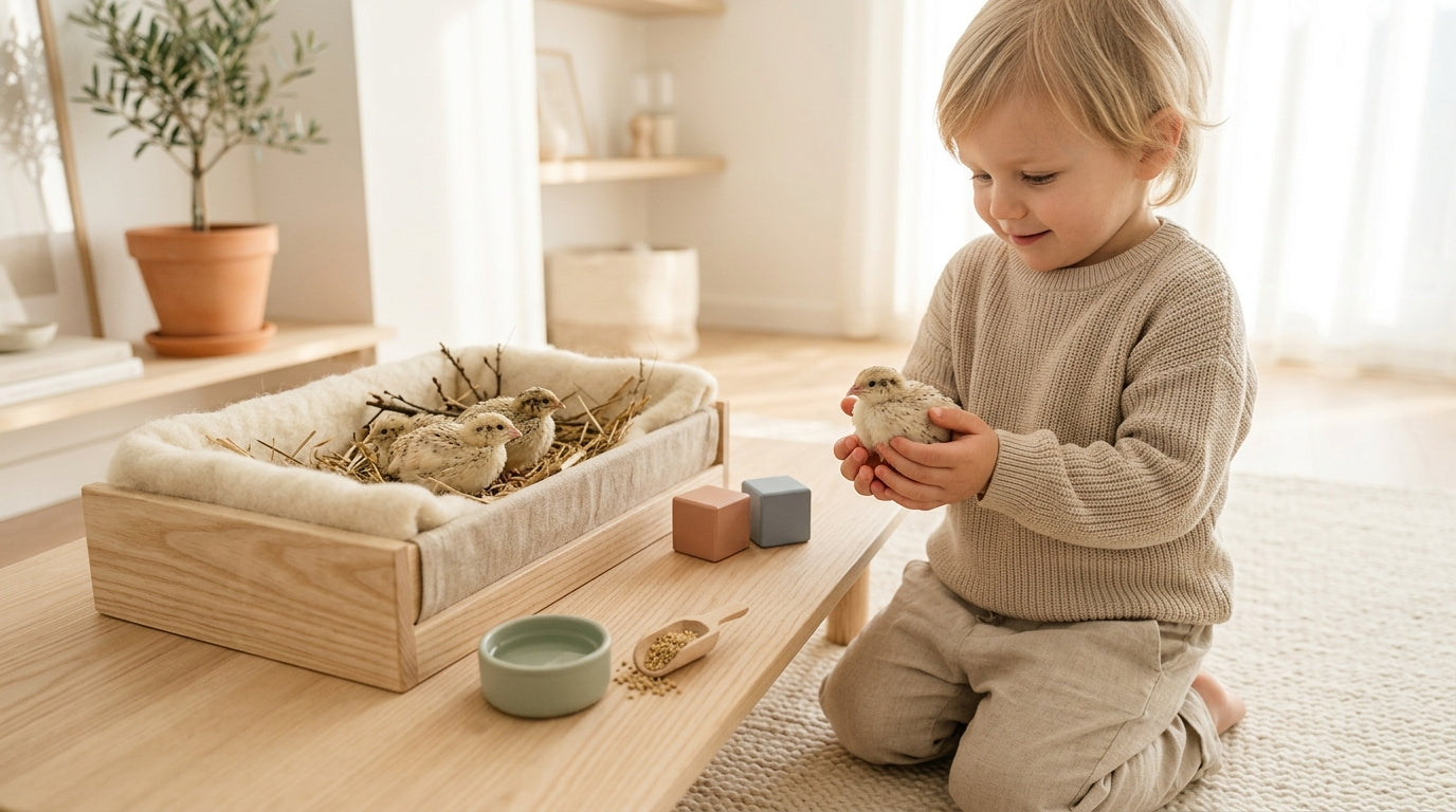A cardboard brooder box setup for small poultry with a heat lamp overhead