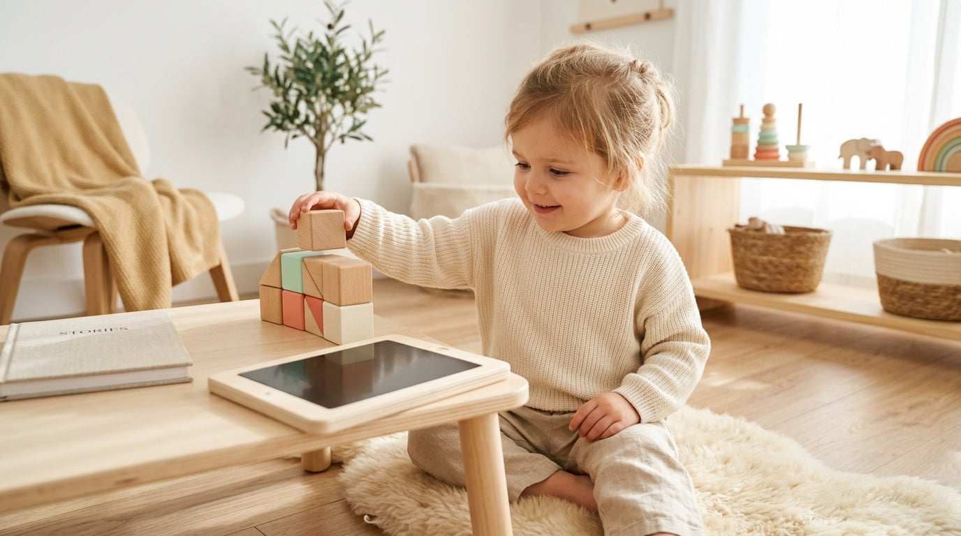 Toddler holding a smartphone in a dark room while sitting on a rug