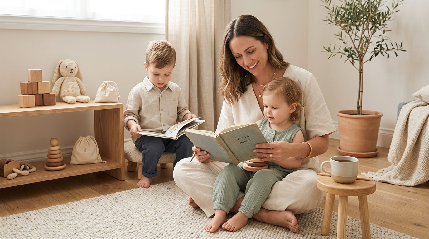 Exhausted mom staring at a budget spreadsheet on her laptop while drinking coffee.