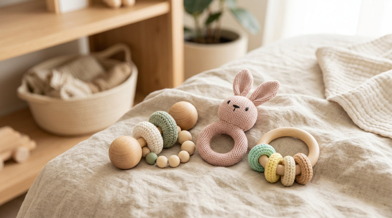 Baby chewing on a wooden rattle while lying on a playmat