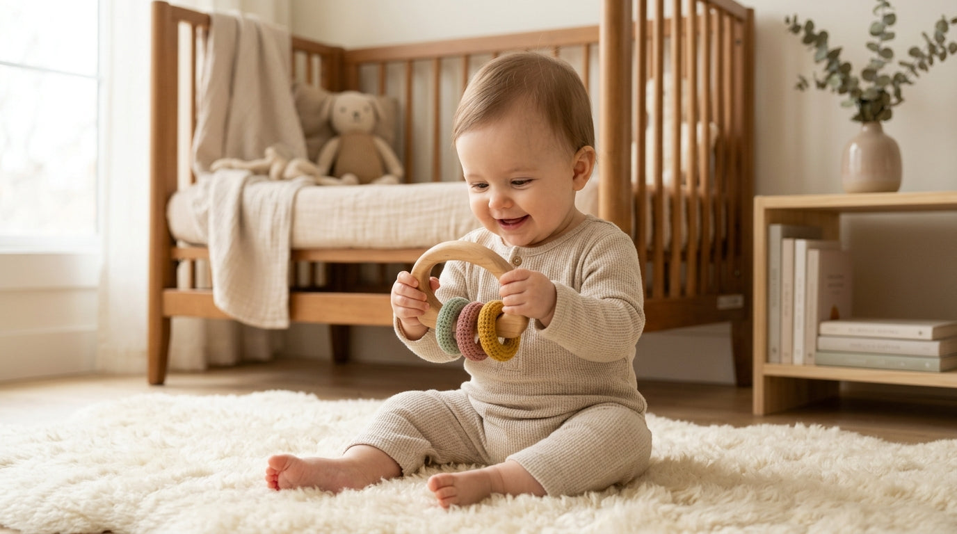 A wooden rattle toy sitting on a playmat next to a baby's hand