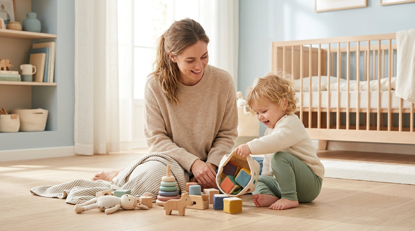 A messy living room floor covered in wooden baby toys and a half-drank cup of coffee.