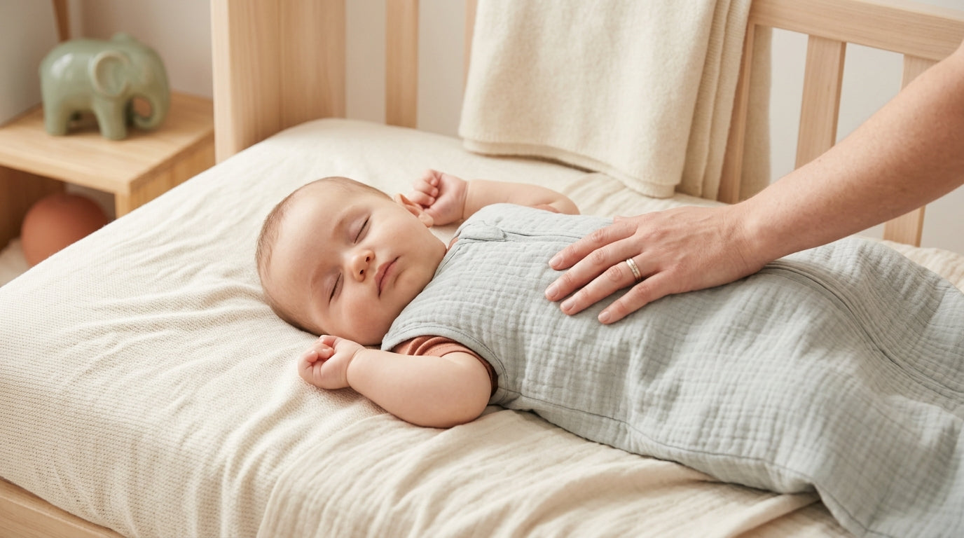 Exhausted mom doing bicycle legs with a crying gassy newborn on a playmat
