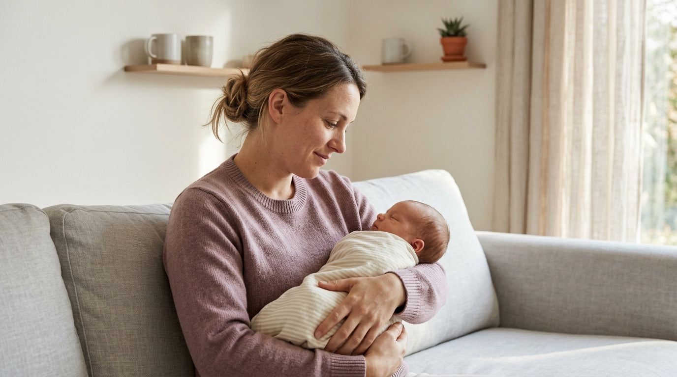 A tired mother holding her crying newborn in a dimly lit nursery