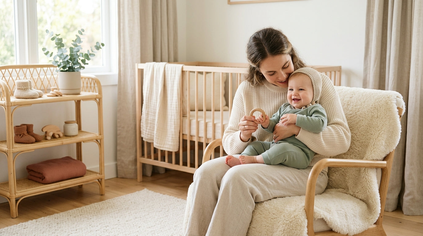Exhausted mom holding a newborn in a sustainable Kianao bodysuit
