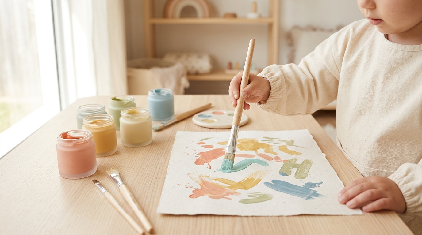 A baby covered in edible yogurt paint sitting on a high chair tray.