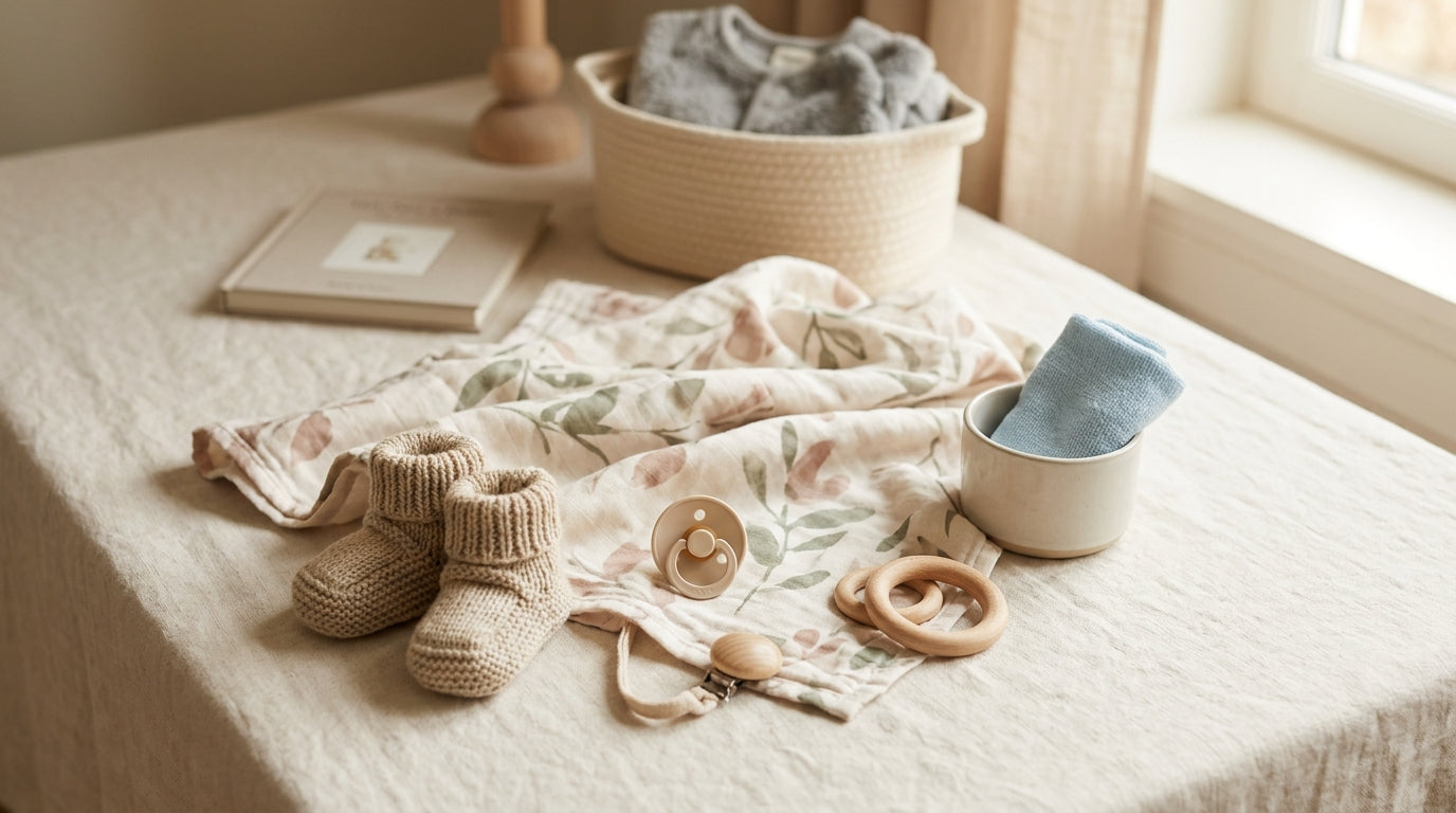 A messy living room floor with a half-wrapped baby shower gift, diapers, and a folded organic cotton blanket.
