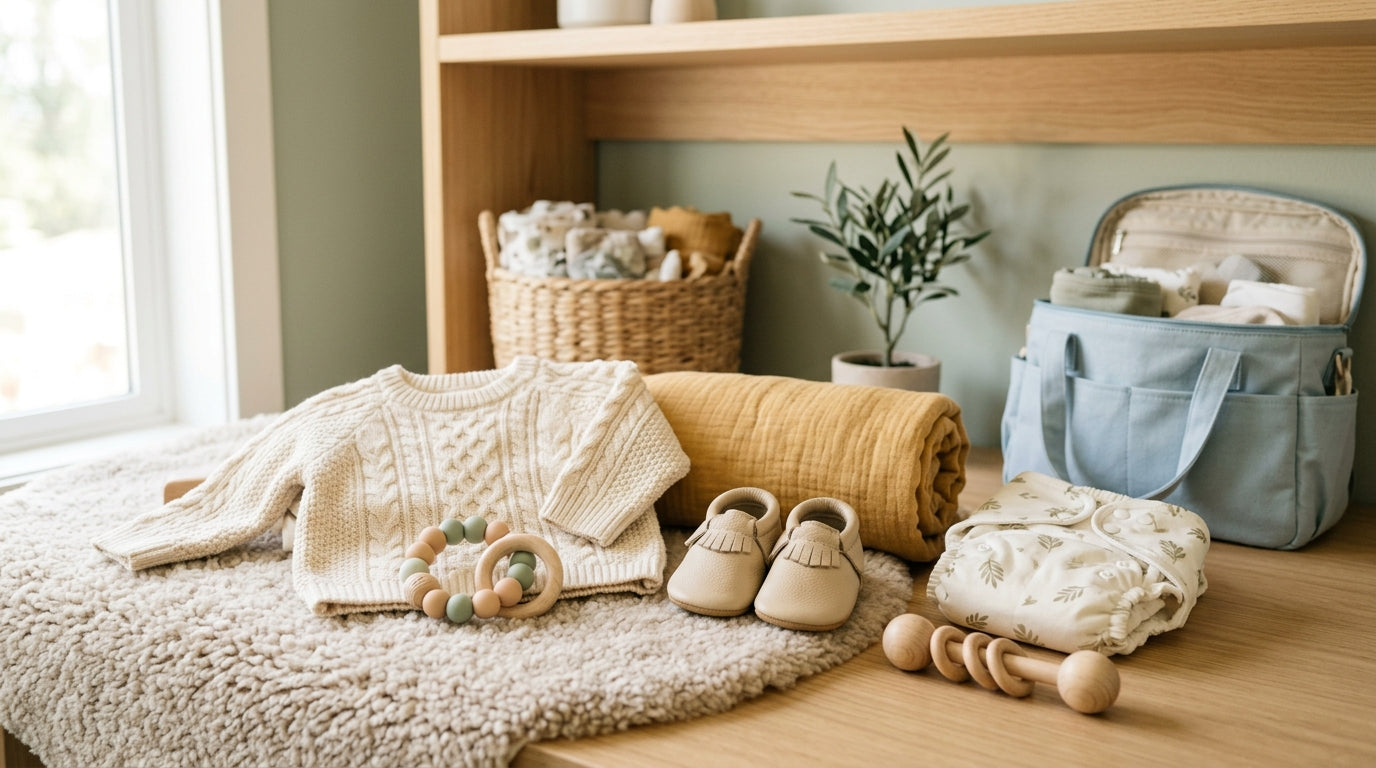 Baby wearing a sleeveless organic cotton bodysuit sitting safely in a shopping cart