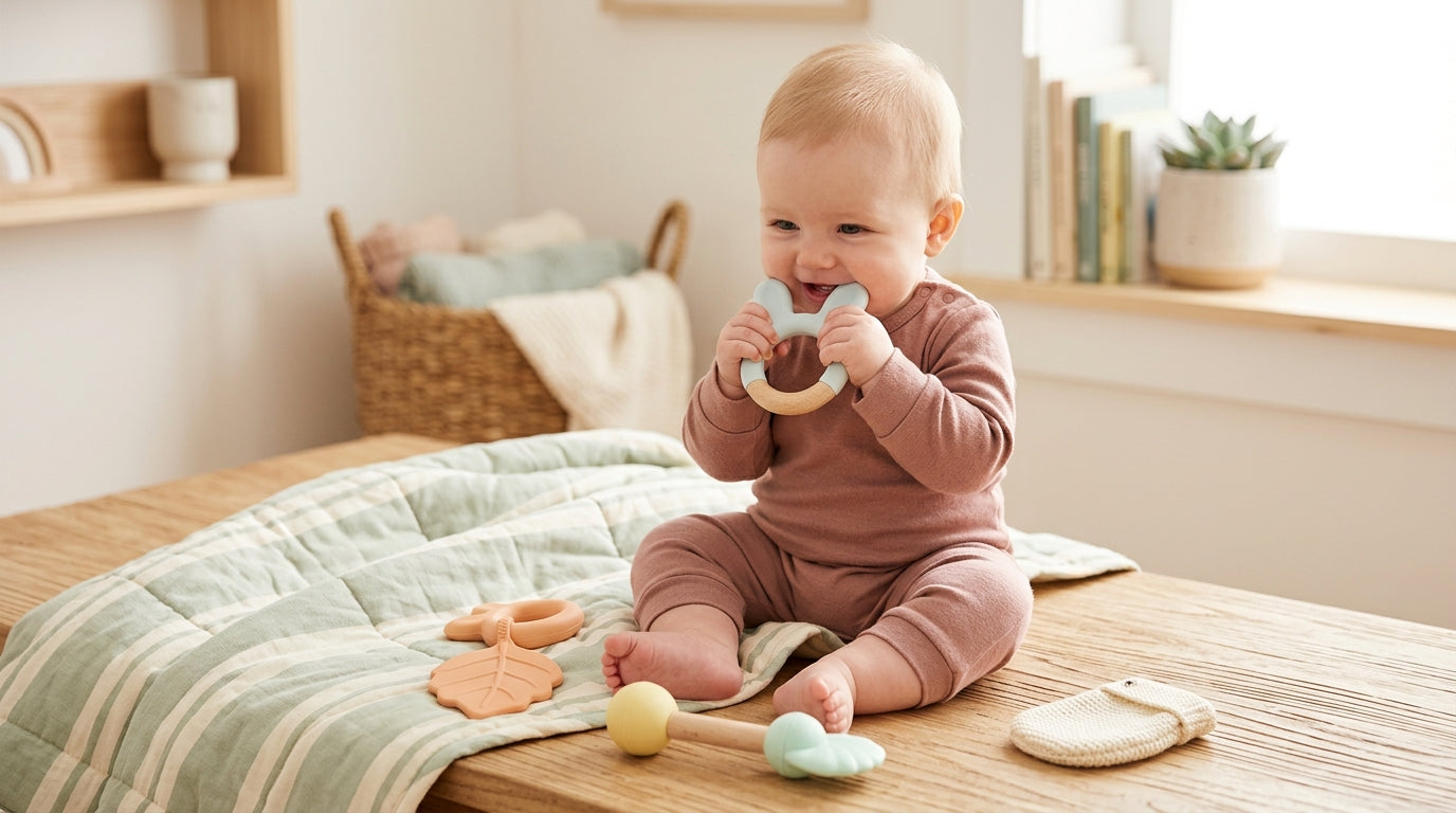 Pediatric nurse looking at an infant mouth while holding a silicone teether.