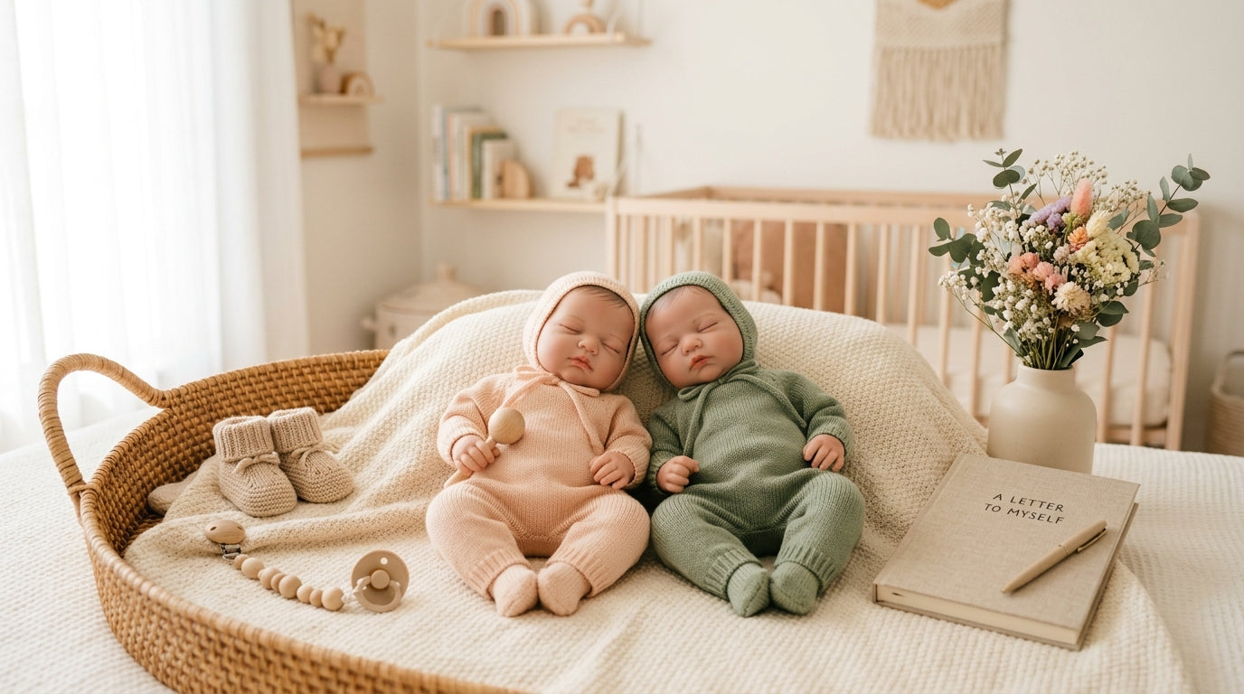 A toddler holding a very realistic silicone baby doll by the leg