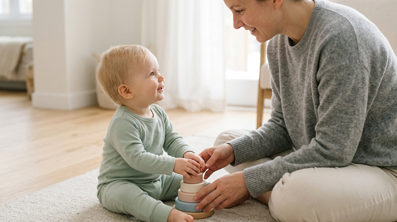 A tired millennial dad looking at his 11-month-old baby in an organic cotton bodysuit
