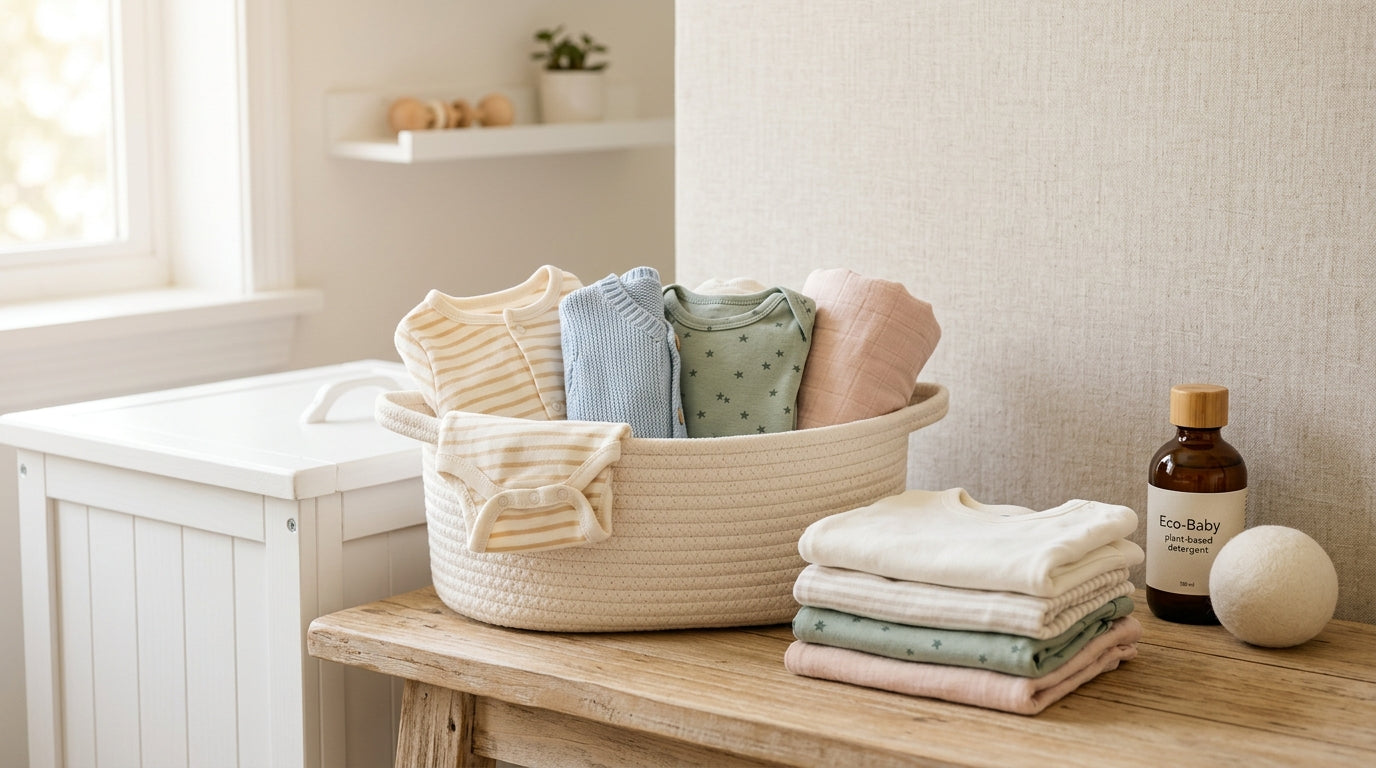 Pile of folded newborn baby clothes on a rustic wooden nursery dresser