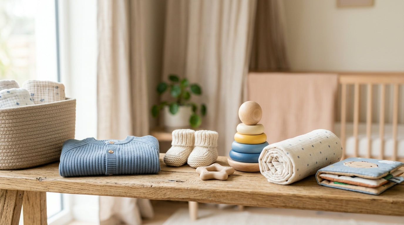 Baby boy surrounded by organic muslin cloths and safe wooden toys