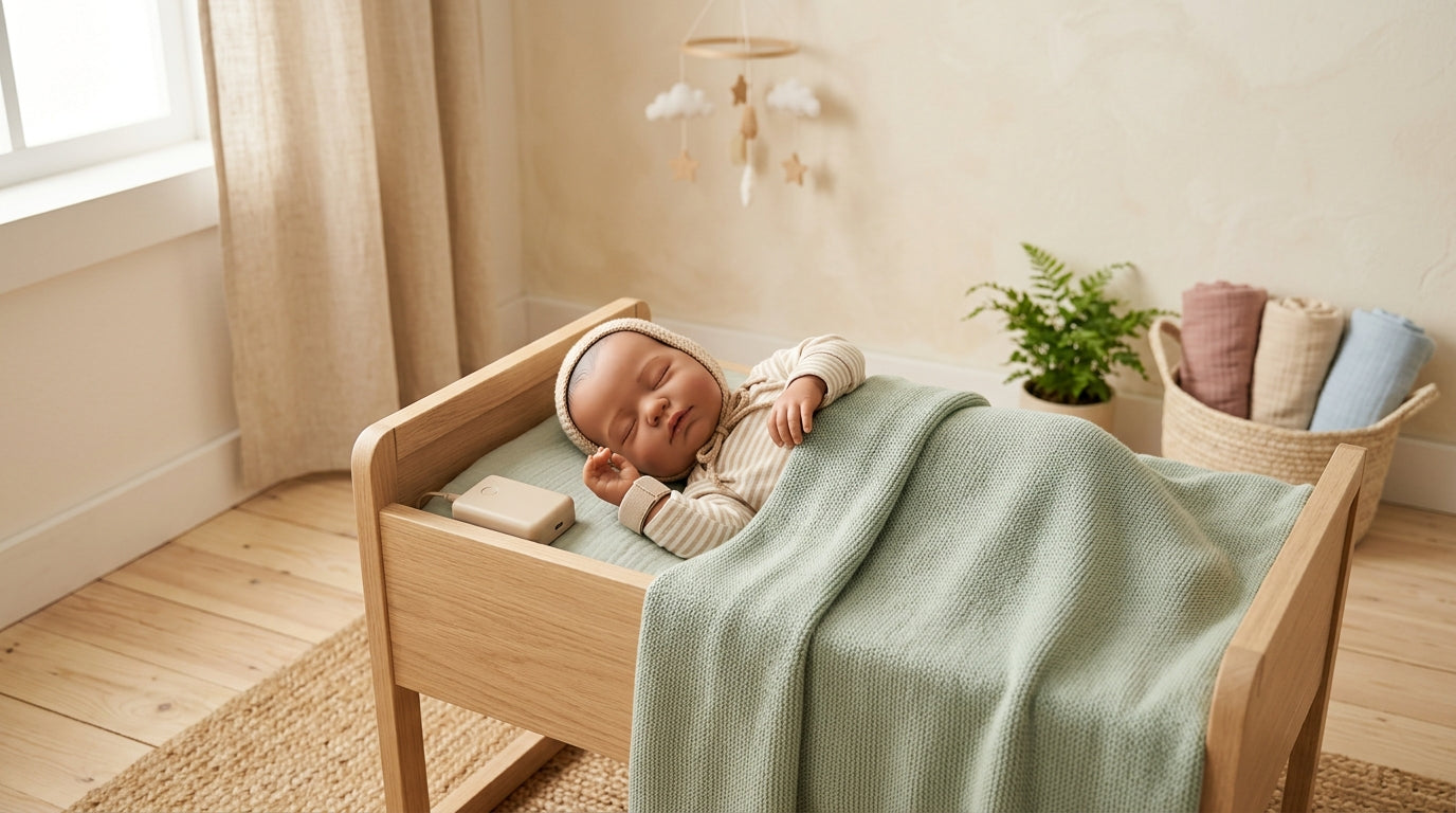A realcare infant simulator lying next to a soft bamboo baby blanket