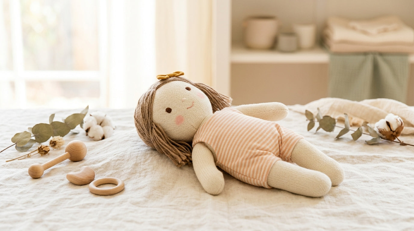 A confused toddler poking a highly realistic silicone doll.