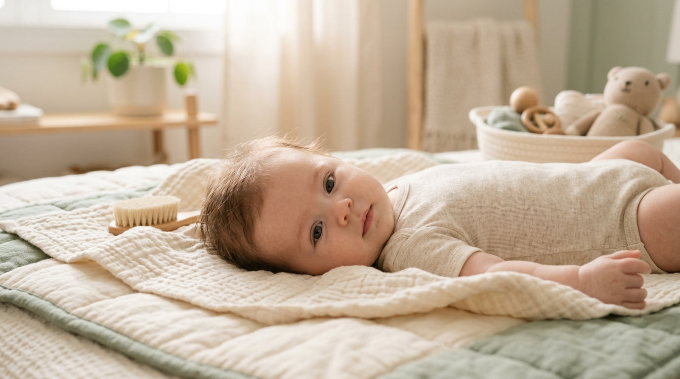 A tired dad staring blankly at a baby brush while holding a wriggling toddler
