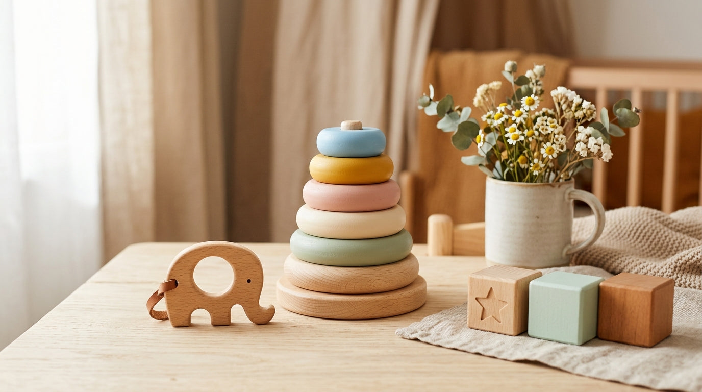 Two toddlers attempting to eat a wooden block while a tired dad watches