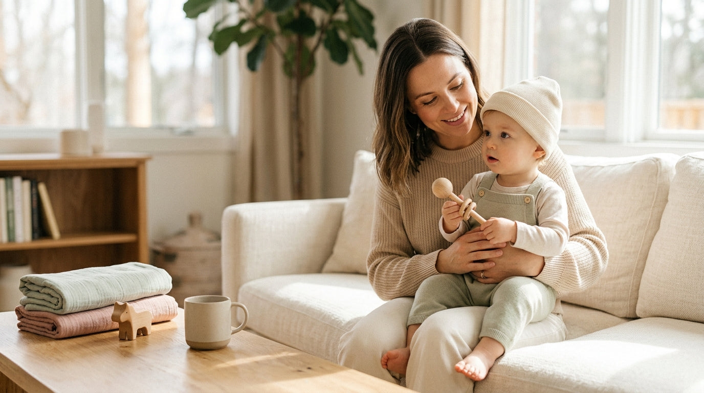 Dad awkwardly holding a smartphone to photograph an 11-month-old baby who is actively chewing on a shoe.