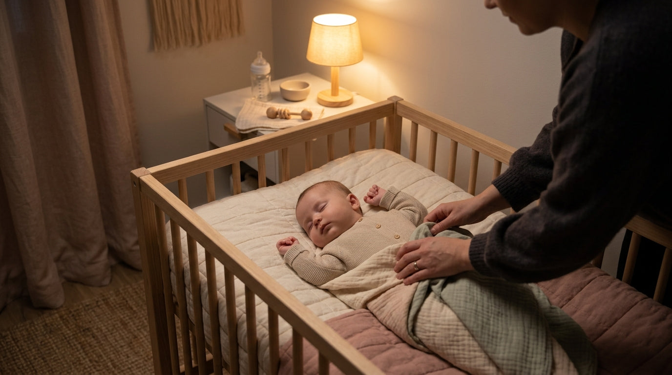 Tired British dad holding a bamboo baby blanket and looking at his phone at 3am