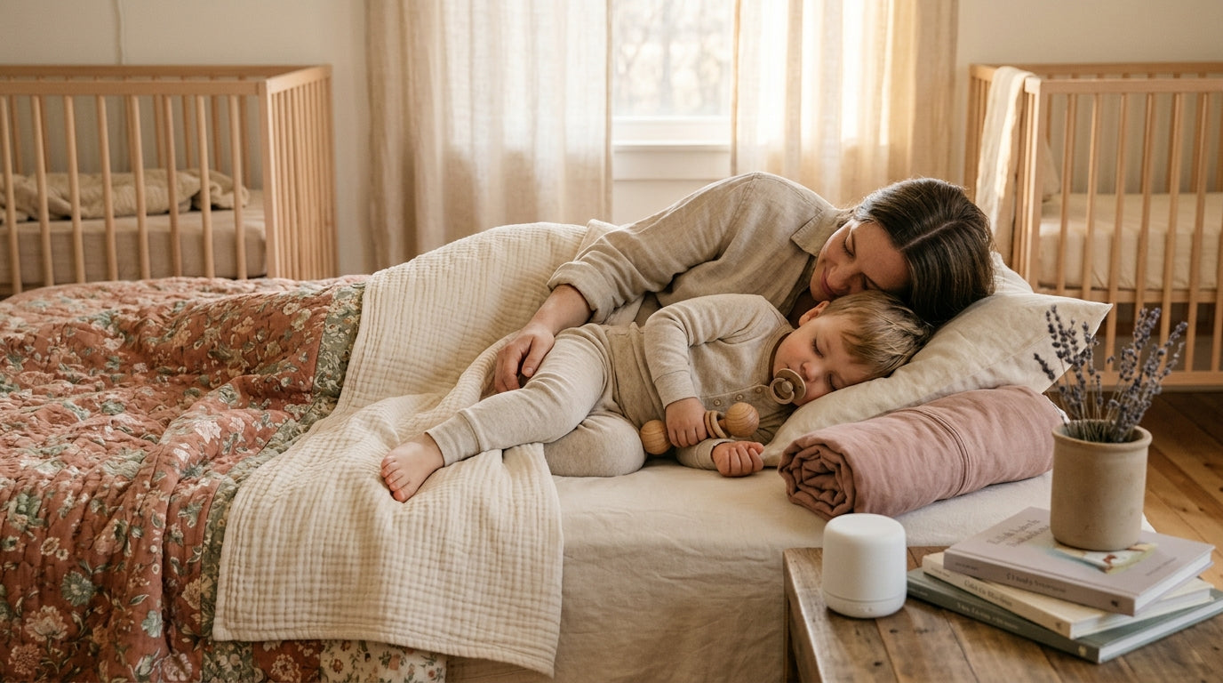 Exhausted mom balancing a baby and a coffee mug in the kitchen