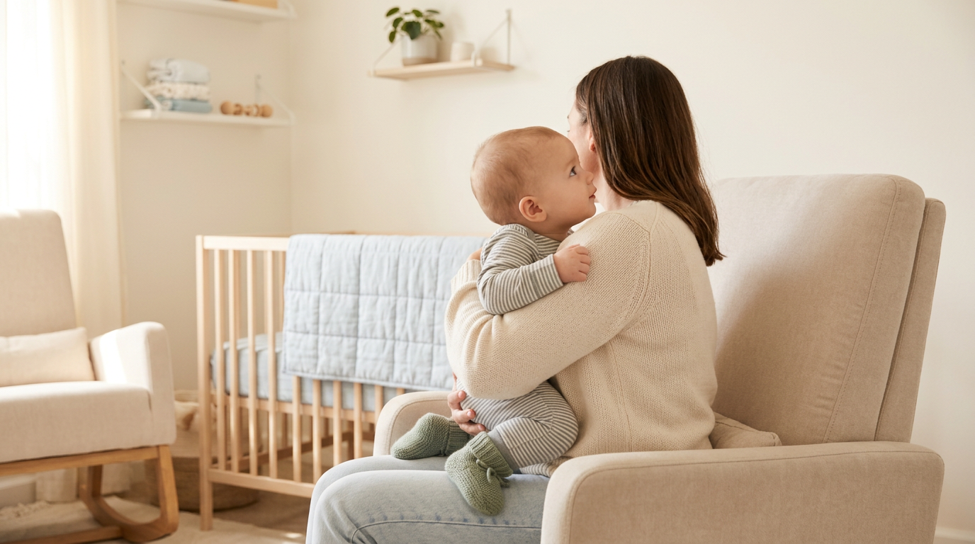 Tired mom sitting in a nursery glider looking at her phone in the dark.