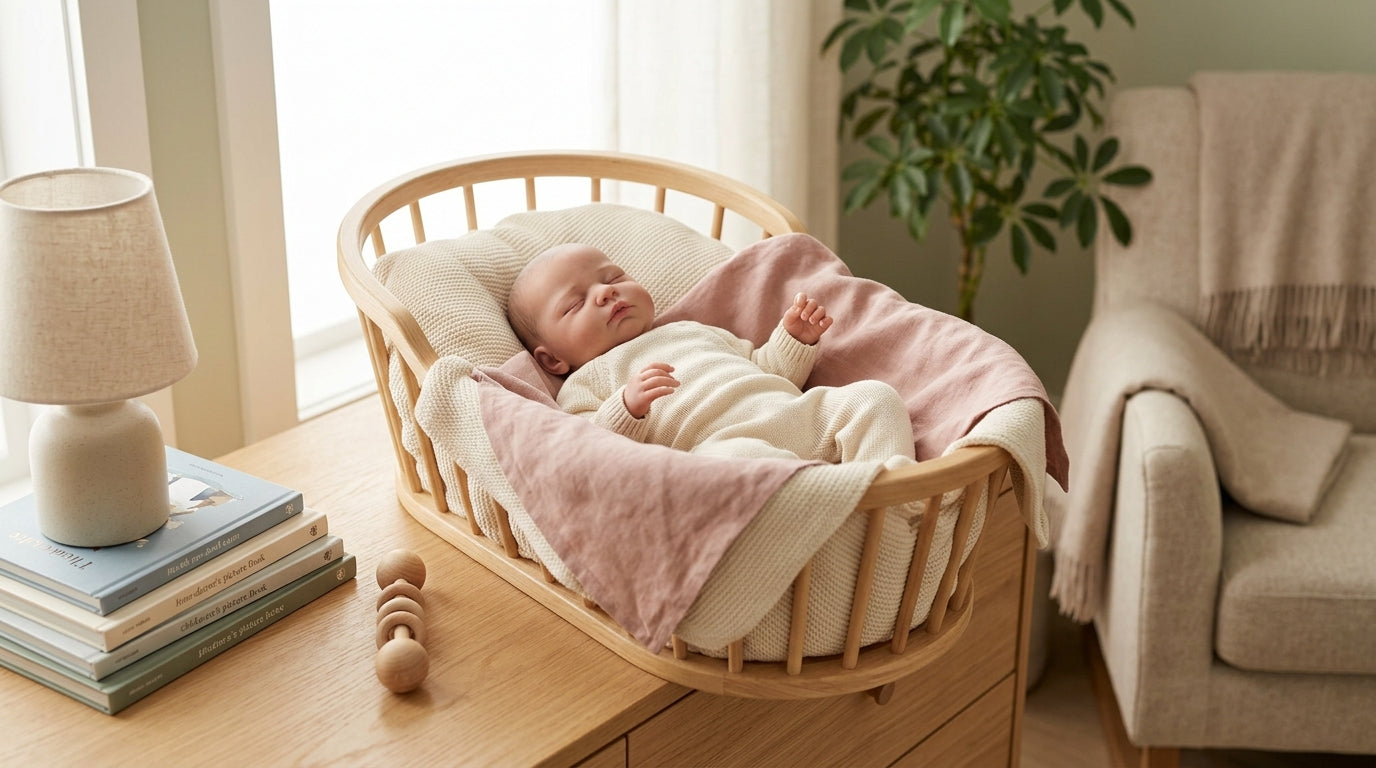 A hyper-realistic reborn baby doll sitting in a wooden play gym.